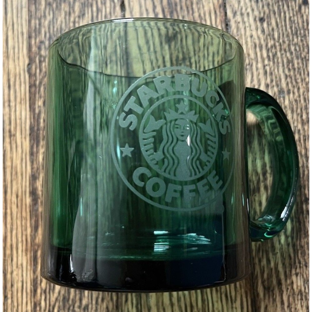 Vintage Starbucks Clear Green Glass Etched Logo Mug Made in USA 12oz